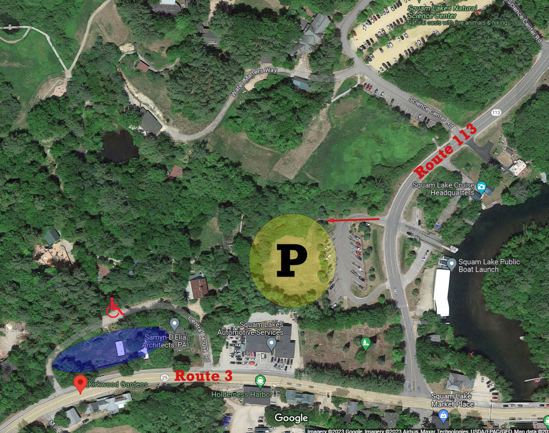 Map showing Kirkwood Gardens and parking in Holderness, NH